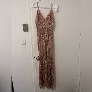 Rose Gold Sequin Sparkle Mermaid Dress Sheer Lined Front Slit Romantic Plunge S